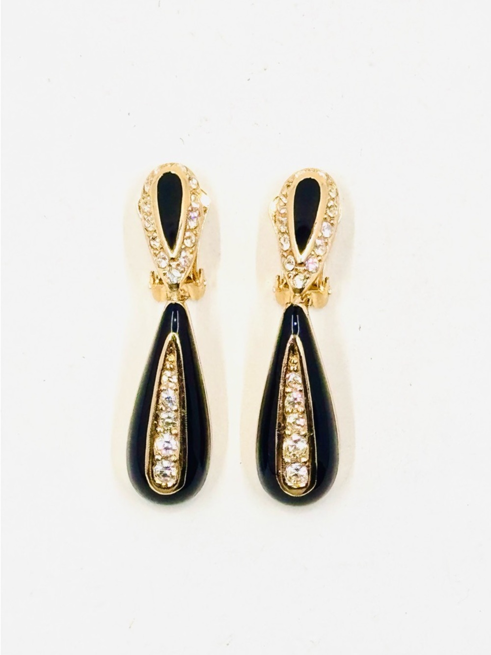 Vintage Christian Dior Gold Plated Black Enamel & Rhinestone Teardrop Earrings